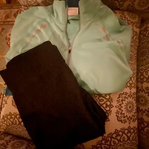 Athletic Set:  Light Blue Pullover Sweater with a Black 3/4 Capri Cropped pants